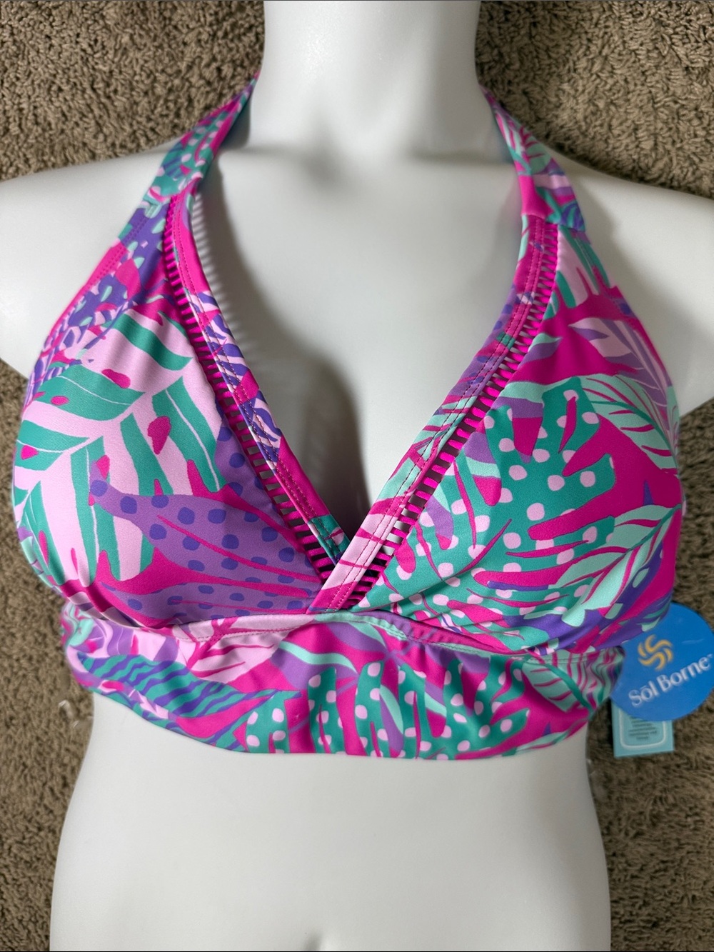 Sol Borne Pink & Teal Tropical Halter Bikini Top SKU1553 - Picture 3 of 11